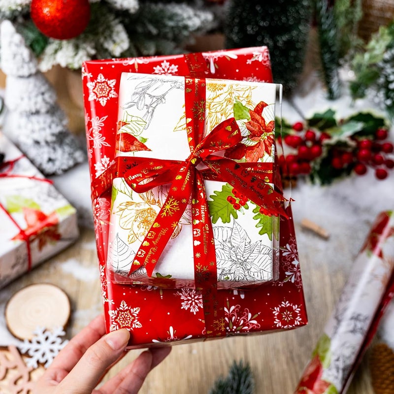 MAYPLUSS Christmas Wrapping Paper Roll, Vintage Reversible Christmas Gift Wrap with Poinsettia Design, Watercolor Red Green Floral Gift Wrapping Paper Holiday Present Packaging (17 Inch X 33 Feet) - Image 5
